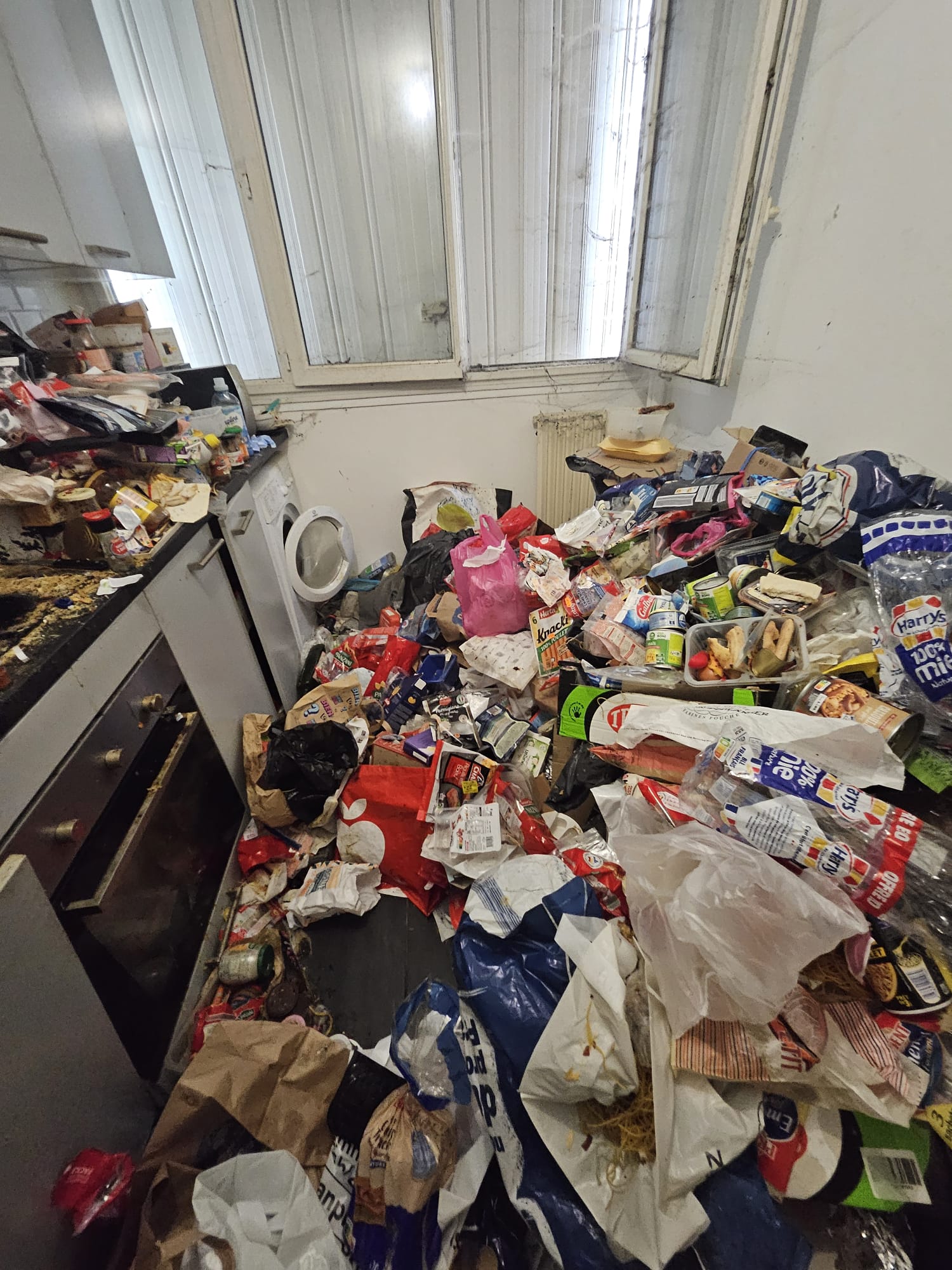Cuisine avant nettoyage Nettoyage Extrême France : plan de travail recouvert de déchets et de moisissures dans le cadre d'un logement insalubre